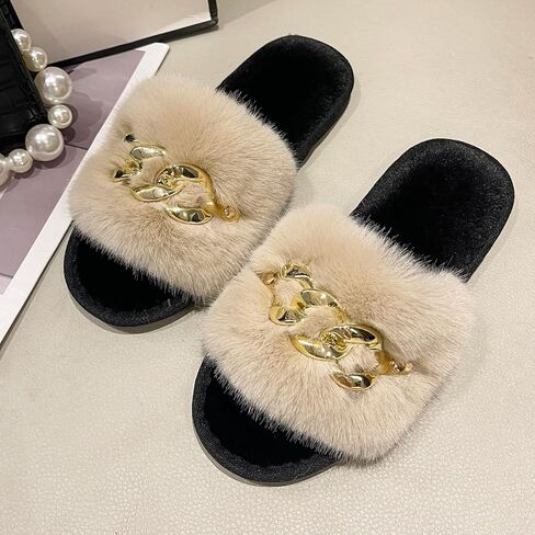 شبشب Sazujinwu الأنيق للنساء مع سلسلة لامعة | شبشب منزل داخلي من القطيفة الناعمة مفتوح الأصابع in Kuwait