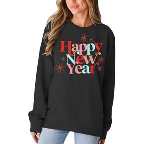BOUTIKOME Happy New Year Sweatshirts for Women Merry Christmas Shirt Long Sleeve Crewneck Pollover Tops Oversized Clothes in Kuwait