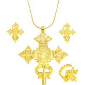 N-Made Beautifull Ethiopian Jewelry for Women Set - Ethiopia Necklace for Women - Ethiopian Big Cross Pendant Chain Earrings Ring Women Gold Color Eritrea Traditional Jewelry African Crosses in Kuwait