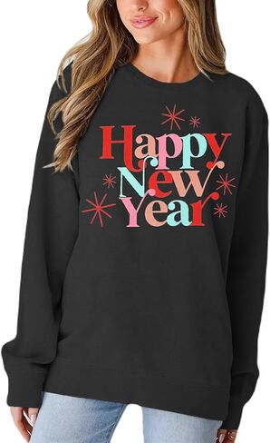 BOUTIKOME Happy New Year Sweatshirts for Women Merry Christmas Shirt Long Sleeve Crewneck Pollover Tops Oversized Clothes in Kuwait