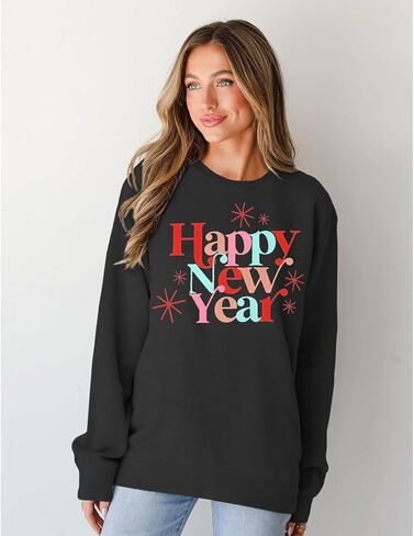 BOUTIKOME Happy New Year Sweatshirts for Women Merry Christmas Shirt Long Sleeve Crewneck Pollover Tops Oversized Clothes in Kuwait