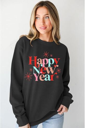 BOUTIKOME Happy New Year Sweatshirts for Women Merry Christmas Shirt Long Sleeve Crewneck Pollover Tops Oversized Clothes in Kuwait