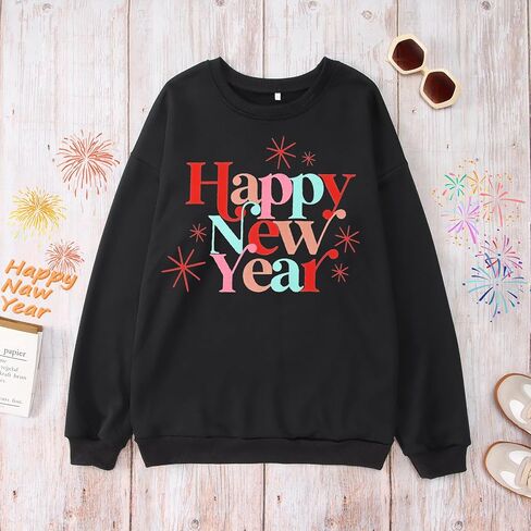 BOUTIKOME Happy New Year Sweatshirts for Women Merry Christmas Shirt Long Sleeve Crewneck Pollover Tops Oversized Clothes in Kuwait