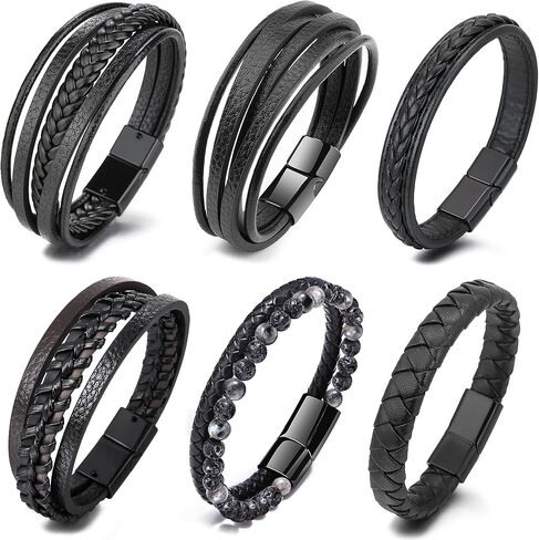 أساور جلدية للرجال من ريسو 6 قطع مصنوعة من الفولاذ المقاوم للصدأ مغناطيسية مضفرة سوداء للرجال, بدون أحجار كريمة in Kuwait