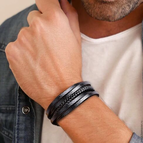 أساور جلدية للرجال من ريسو 6 قطع مصنوعة من الفولاذ المقاوم للصدأ مغناطيسية مضفرة سوداء للرجال, بدون أحجار كريمة in Kuwait