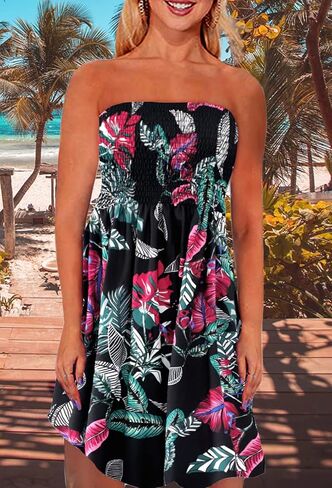 Zyyfly Tube Top Dress Women Summer Beach Coverup Stretch Smocked Strapless Dress in Kuwait