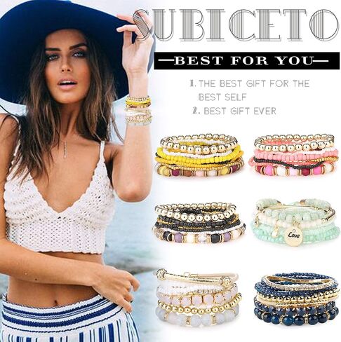مجموعة Subiceto من 6 أساور بوهيمية قابلة للتكديس للنساء، متعددة الطبقات، أساور قابلة للتمدد، مجموعة أساور ساحرة in Kuwait