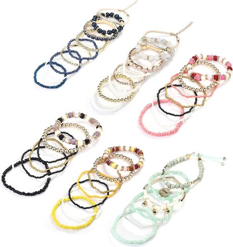 مجموعة Subiceto من 6 أساور بوهيمية قابلة للتكديس للنساء، متعددة الطبقات، أساور قابلة للتمدد، مجموعة أساور ساحرة in Kuwait