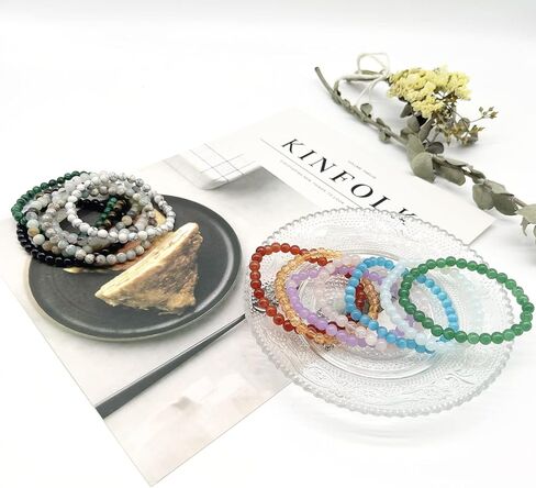 SROBenz 14 قطعة من الأحجار الكريمة 6 مم مجموعة أساور مطرزة شبه ثمينة مستديرة للنساء والرجال والبنات كريستال شفاء ممتد من حجر الخرز أساور الطاقة مجوهرات in Kuwait