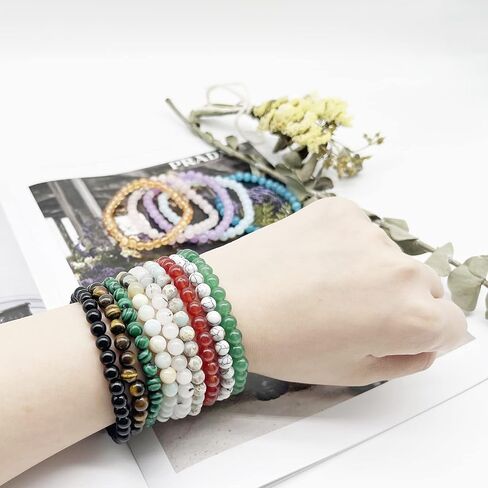 SROBenz 14 قطعة من الأحجار الكريمة 6 مم مجموعة أساور مطرزة شبه ثمينة مستديرة للنساء والرجال والبنات كريستال شفاء ممتد من حجر الخرز أساور الطاقة مجوهرات in Kuwait