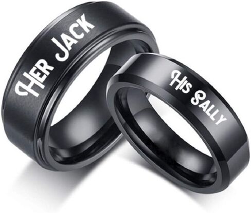 خاتم زوجين رومانسي من الفولاذ المقاوم للصدأ باللون الأسود من His Sally Her Jack، وعد بحلقات الزفاف والخطوبة في الذكرى السنوية in Saudi Arabia