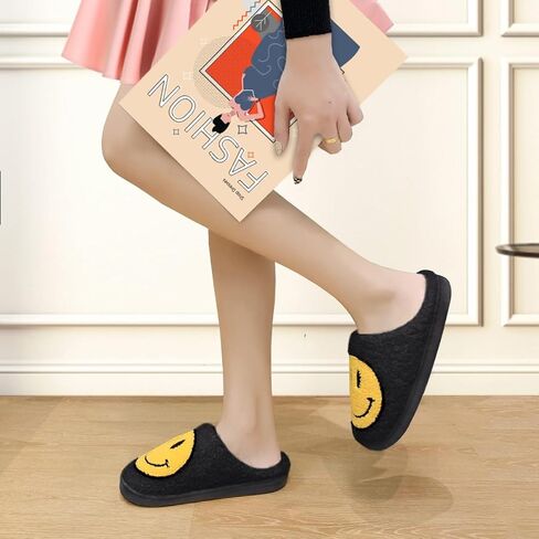 Naichuo Smile Face Slippers for Women, Retro Soft Plush Comfy Warm Fuzzy Fluffy House Slippers, Anti-Skid Slip-on Bedroom Slipper in Kuwait