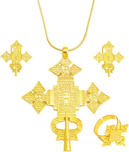 N-Made Beautifull Ethiopian Jewelry for Women Set - Ethiopia Necklace for Women - Ethiopian Big Cross Pendant Chain Earrings Ring Women Gold Color Eritrea Traditional Jewelry African Crosses in Kuwait