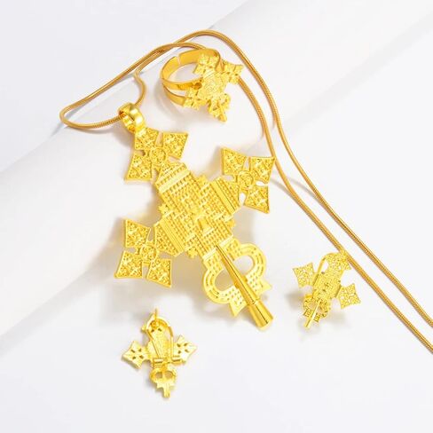N-Made Beautifull Ethiopian Jewelry for Women Set - Ethiopia Necklace for Women - Ethiopian Big Cross Pendant Chain Earrings Ring Women Gold Color Eritrea Traditional Jewelry African Crosses in Kuwait