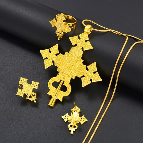 N-Made Beautifull Ethiopian Jewelry for Women Set - Ethiopia Necklace for Women - Ethiopian Big Cross Pendant Chain Earrings Ring Women Gold Color Eritrea Traditional Jewelry African Crosses in Kuwait