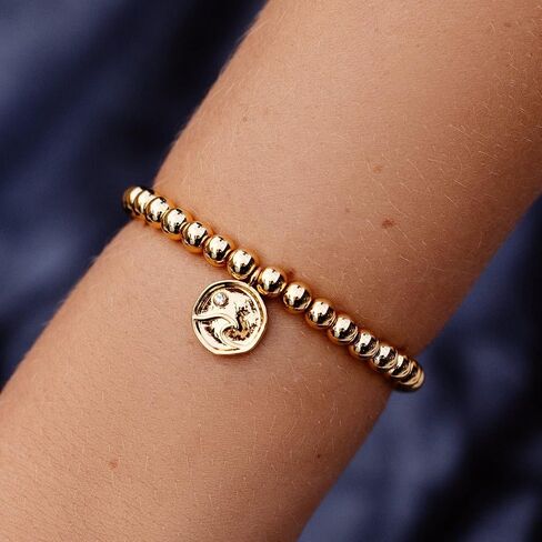 Pura Vida Bracelet Gold Wave Metal Charm Bracelet - Beaded Bracelet with Stretchable Cord, String Bracelet for Women - Stackable Bracelets for Teen Girls, Handmade Bracelets for Teens - One Size in Saudi Arabia