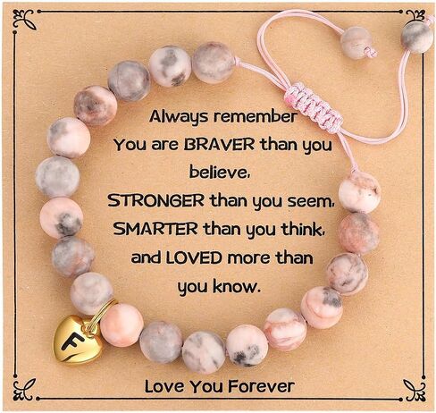 MIXJOY Cute Initial A-Z Pink Braided Bead Bracelet Heart 26 Letters Handmade Natural Stone Bracelet for Girls, 6.3"-8.6" Adjustable in Saudi Arabia