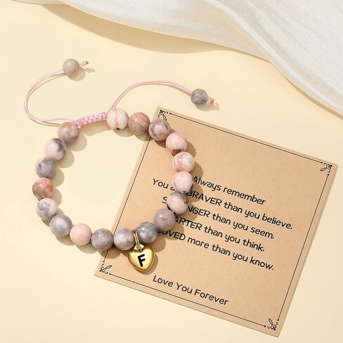 MIXJOY Cute Initial A-Z Pink Braided Bead Bracelet Heart 26 Letters Handmade Natural Stone Bracelet for Girls, 6.3"-8.6" Adjustable in Saudi Arabia