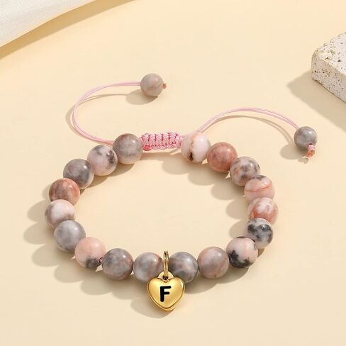 MIXJOY Cute Initial A-Z Pink Braided Bead Bracelet Heart 26 Letters Handmade Natural Stone Bracelet for Girls, 6.3"-8.6" Adjustable in Saudi Arabia