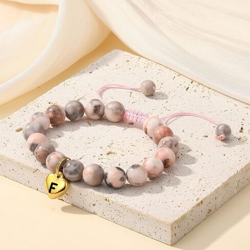 MIXJOY Cute Initial A-Z Pink Braided Bead Bracelet Heart 26 Letters Handmade Natural Stone Bracelet for Girls, 6.3"-8.6" Adjustable in Saudi Arabia