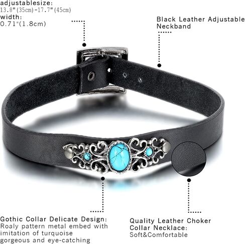 OIDEA Womens Leather Choker Necklace, Antique Imitation Turquoise Charm Collar Necklace Jewelry with Gift Bag, Adjustable Buckle in Saudi Arabia