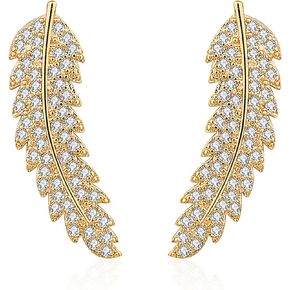 Crystal Leaf Earrings for Women Pierced Leaf Ear Climber Earrings Feather Earrings Rhinestone Leaf Ear Crawler Earrings Hypoallergenic Leaf Stud Earrings