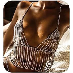 Metisee Rhinestone Body Chain Crystal Bra Chain Layered Tassels Chain Top Rave Bikini Chain Body Jewelry for Women and Girls, Adjustable, Alloy, rhinestone in Kuwait