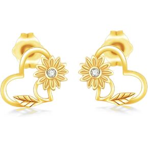 Solid 14k Gold Sunflower Heart Earrings for Women, Real Gold Love Studs Earrings Jewelry Gifts for Her