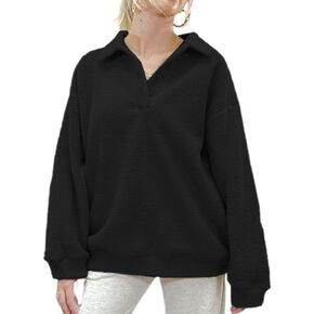 Fuzzy Fleece Oversized Sweatshirt for Women Fluffy Sherpa Long Sleeve Drop Shoulder Polo Button Down Pullover in Kuwait