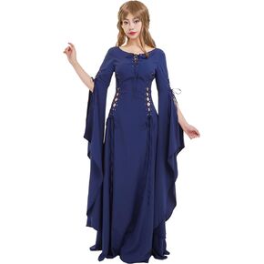 daizbella Renaissance Dress Medieval Costume Retro Women Wedding Dress Bridesmaid Dress with Long Trailing Sleeves