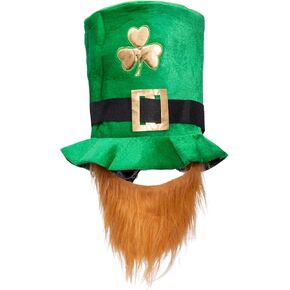 Liatunou St.Patrick's Day Shamrock Green Velvet Top Hat with Beard,Green Leprechaun Hat Irish Top Hat and Brown Beards for Men Women, St.Patricks Day Party Favors Costume Accessories in Kuwait