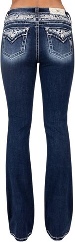 Miss Me Women's Mid-Rise Swirling Silver and Pearl Applique Embellished Faux Flap Pockets Bootcut Jeans in Saudi Arabia