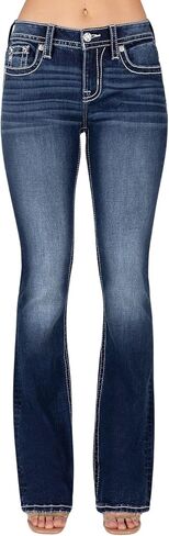 Miss Me Women's Mid-Rise Swirling Silver and Pearl Applique Embellished Faux Flap Pockets Bootcut Jeans in Saudi Arabia
