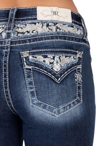 Miss Me Women's Mid-Rise Swirling Silver and Pearl Applique Embellished Faux Flap Pockets Bootcut Jeans in Saudi Arabia