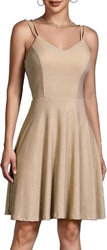 فستان كوكتيل نسائي من DRESSTELLS برقبة على شكل V وأشرطة سباغيتي وترتر لامع لحفلات العودة للوطن وحفلات السهرة فستان قصير in Kuwait