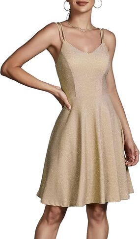 فستان كوكتيل نسائي من DRESSTELLS برقبة على شكل V وأشرطة سباغيتي وترتر لامع لحفلات العودة للوطن وحفلات السهرة فستان قصير in Kuwait