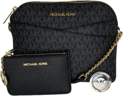 Michael Kors Jet Set Travel MD Dome XCross Crossbody bundled with SM TZ Coinpouch Purse Hook (Signature MK Black Gold/Black) in Saudi Arabia