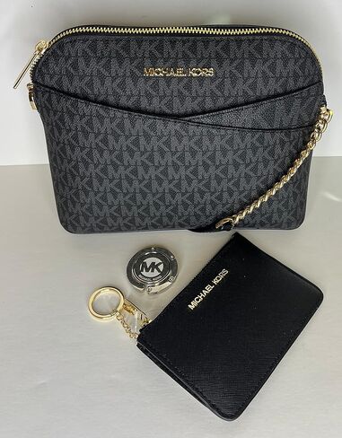 Michael Kors Jet Set Travel MD Dome XCross Crossbody bundled with SM TZ Coinpouch Purse Hook (Signature MK Black Gold/Black) in Saudi Arabia