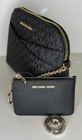 Michael Kors Jet Set Travel MD Dome XCross Crossbody bundled with SM TZ Coinpouch Purse Hook (Signature MK Black Gold/Black) in Saudi Arabia
