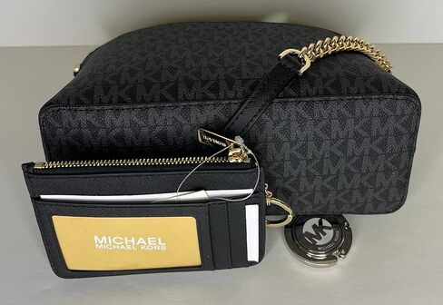 Michael Kors Jet Set Travel MD Dome XCross Crossbody bundled with SM TZ Coinpouch Purse Hook (Signature MK Black Gold/Black) in Saudi Arabia