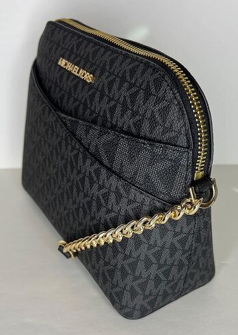 Michael Kors Jet Set Travel MD Dome XCross Crossbody bundled with SM TZ Coinpouch Purse Hook (Signature MK Black Gold/Black) in Saudi Arabia