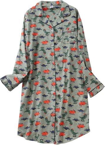 ASHER FASHION Women's Cotton Nightshirt Cute Print Plaid Nightgown Button Up Long Sleeves Sleep Shirt in Saudi Arabia
