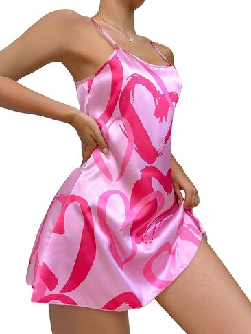 COZYEASE Women's Graphic Print Satin Cami Mini Nightdress Spaghetti Strap Sleeveless Backless Nightgown in Saudi Arabia