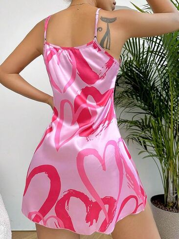 COZYEASE Women's Graphic Print Satin Cami Mini Nightdress Spaghetti Strap Sleeveless Backless Nightgown in Saudi Arabia