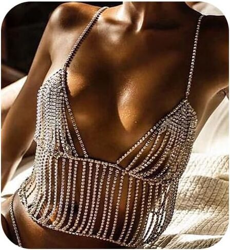 Metisee Rhinestone Body Chain Crystal Bra Chain Layered Tassels Chain Top Rave Bikini Chain Body Jewelry for Women and Girls, Adjustable, Alloy, rhinestone in Kuwait