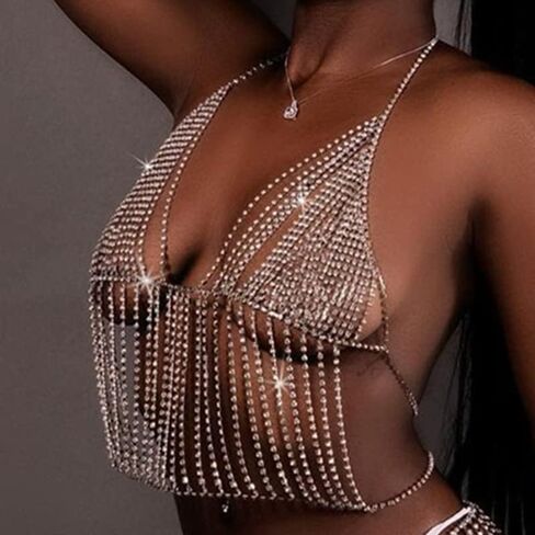 Metisee Rhinestone Body Chain Crystal Bra Chain Layered Tassels Chain Top Rave Bikini Chain Body Jewelry for Women and Girls, Adjustable, Alloy, rhinestone in Kuwait