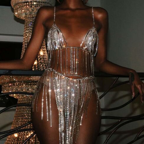 Metisee Rhinestone Body Chain Crystal Bra Chain Layered Tassels Chain Top Rave Bikini Chain Body Jewelry for Women and Girls, Adjustable, Alloy, rhinestone in Kuwait