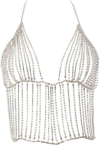 Metisee Rhinestone Body Chain Crystal Bra Chain Layered Tassels Chain Top Rave Bikini Chain Body Jewelry for Women and Girls, Adjustable, Alloy, rhinestone in Kuwait