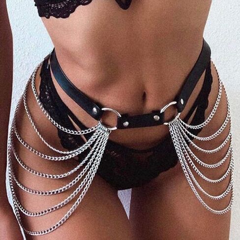 Asooll Punk Leather Waist Chain Black Body Chain Harness Belly Belt Chain Fashion Party Nightclub Body Accessories Jewelry for Women and Girls in Saudi Arabia