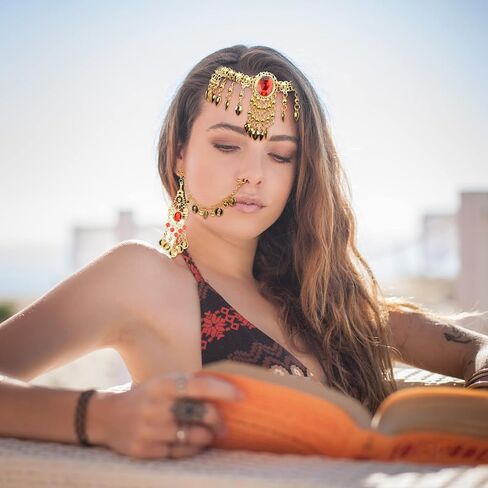 USHOBE أقراط نسائية للرقص الشرقي مجموعة مجوهرات ذهبية ترتر سلاسل رأس نسائية عملات معدنية عتيقة أقراط سلسلة أنف بوليوود مجوهرات على طراز الغجر لإكسسوارات الأداء مجوهرات نسائية in Kuwait